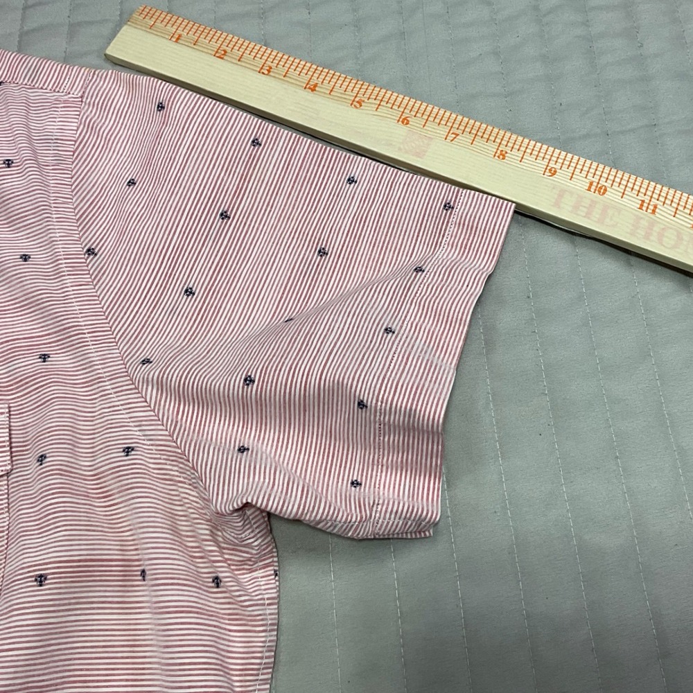 Banana Republic Mens Short Sleeve Shirt Red White Striped Micro Anchor Print L - Picture 4 of 9